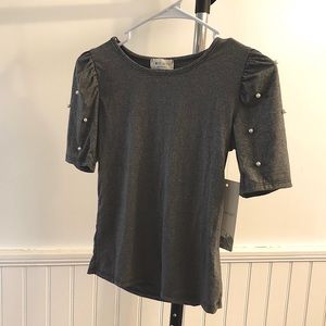 NWT Love Wins XS Grey Blouse with Embellished Sleeves
